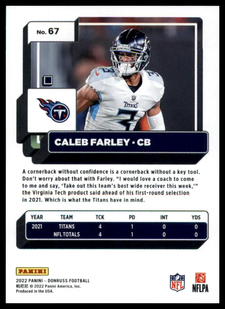 Caleb Farley football card from 2022 Donruss Tennessee Titans series