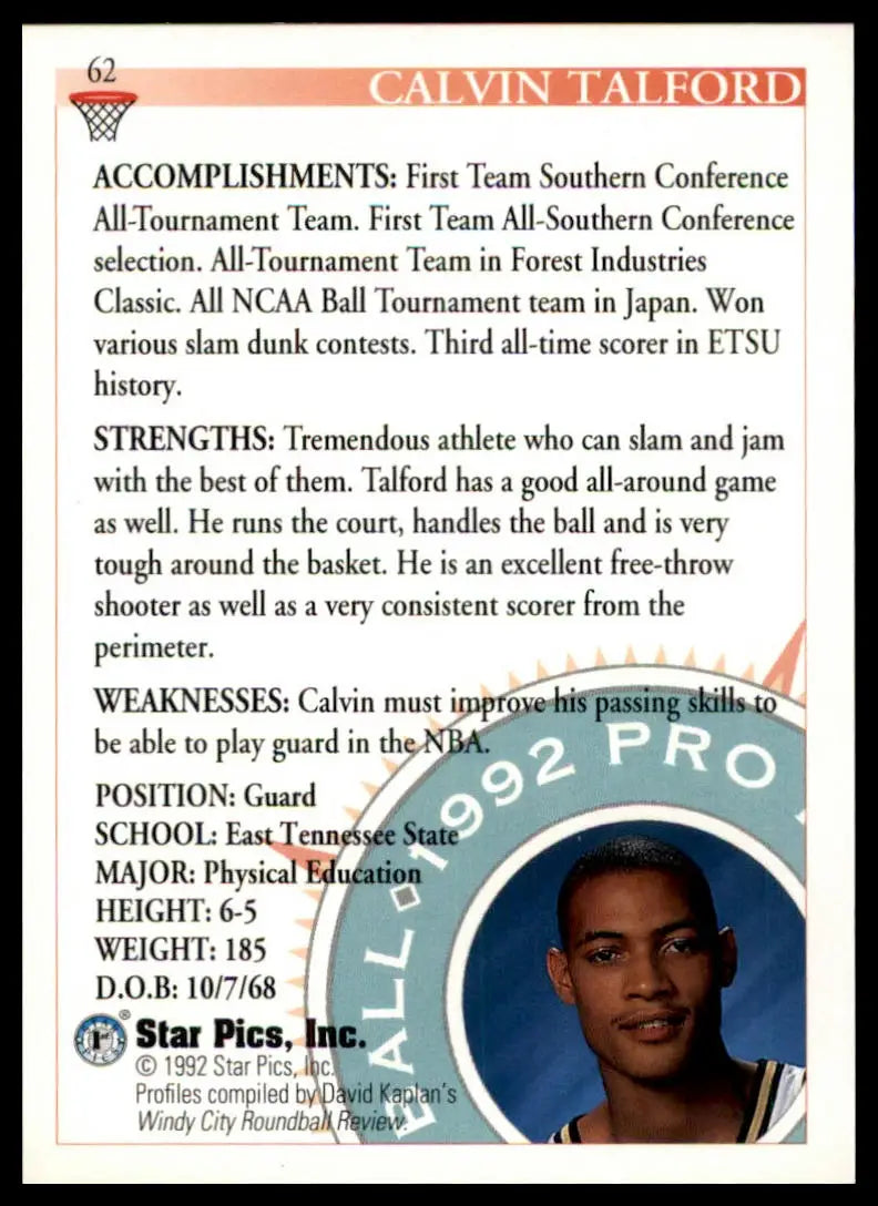 Calvin Talford Star Pics basketball card from 1992 East Tennessee State Buccaneers