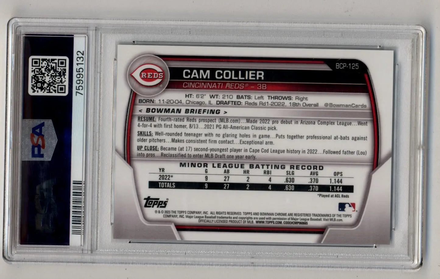 A graded Cam Collier 2023 Bowman Chrome Prospects Aqua Crater Refractor card in PSA 10