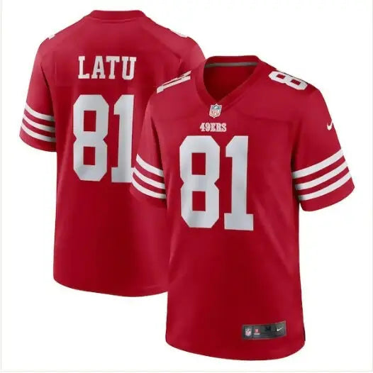 Red San Francisco 49ers Nike Game Jersey with number 81 and Latu on the back