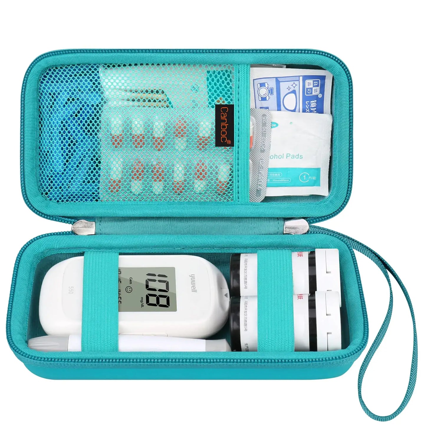 Teal diabetic supplies case for blood glucose meters and diabetes care accessories