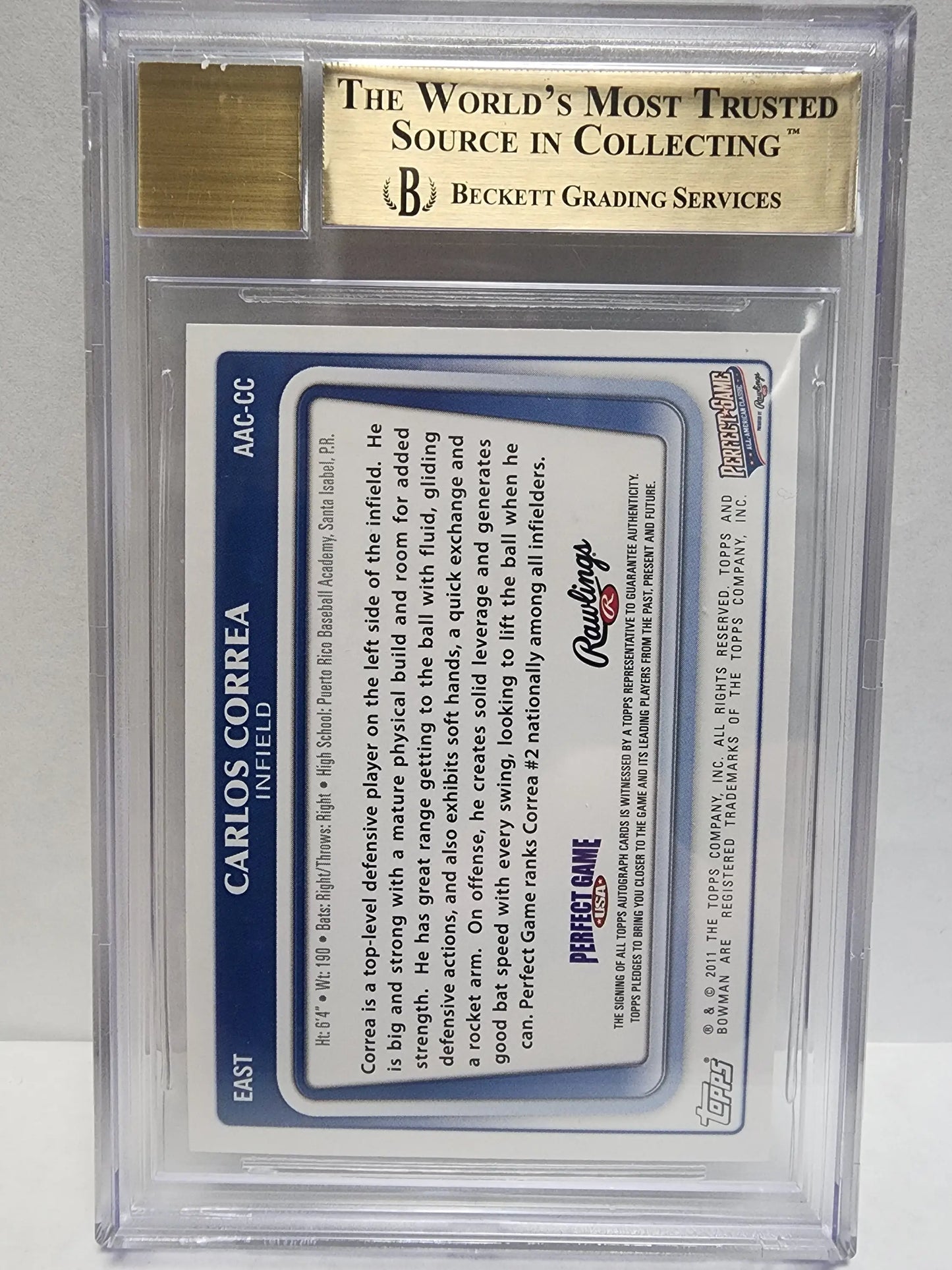 BGS-graded Carlos Correa 2011 Bowman Perfect Game Auto in protective case with gold label