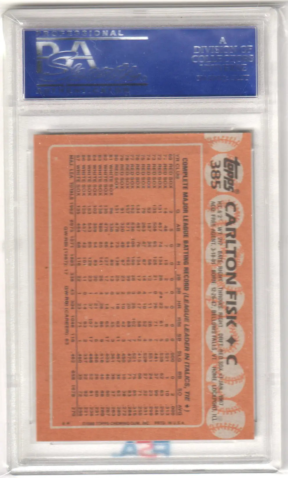 Graded Carlton Fisk baseball card 1988 Topps #385 PSA 10 Gem Mint from Columbia Hobby