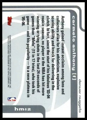 Basketball card back featuring Carmelo Anthony from 2006-07 Topps Hobby Masters