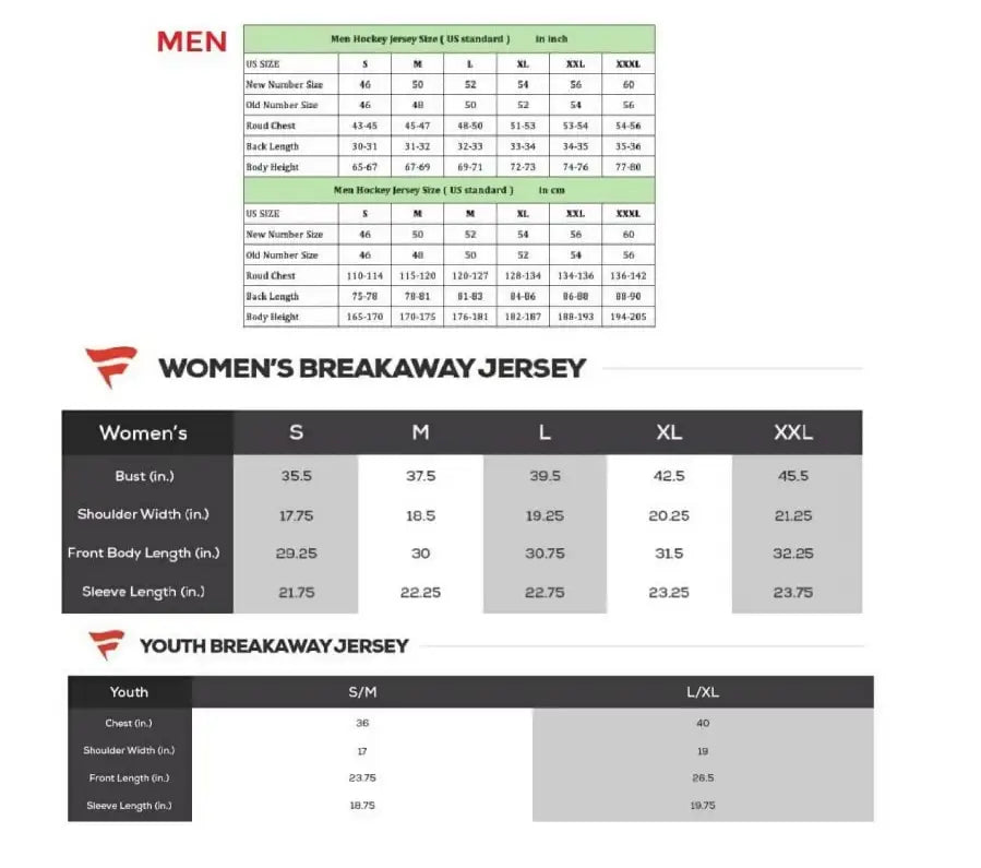 Jersey size charts for men women and youth for Carolina Hurricanes adidas Away Primegreen Jersey