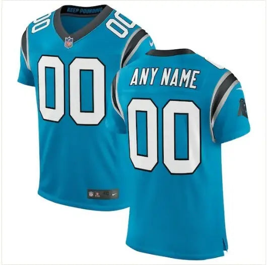 Light blue Carolina Panthers Nike Classic Elite Custom Football Jersey with black and white accents and number 00