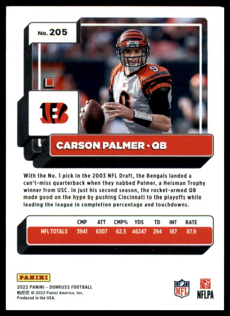 Carson Palmer football card from 2022 Donruss series featuring Cincinnati Bengals player