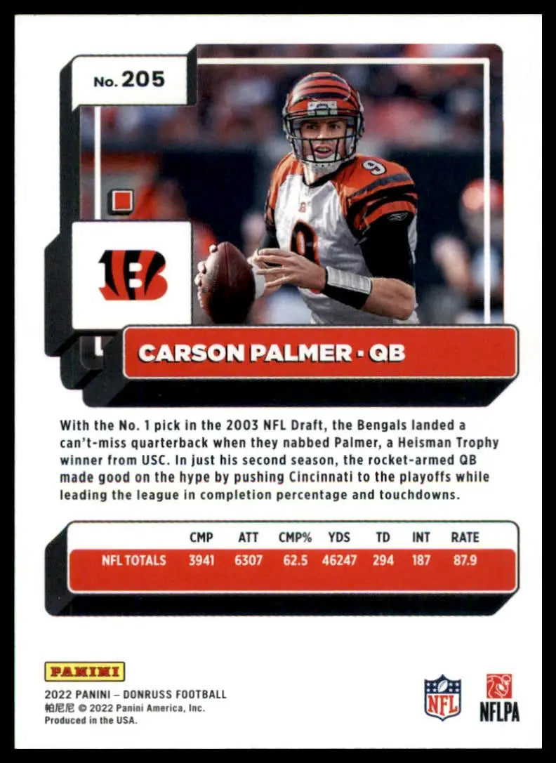 Carson Palmer 2022 Donruss football card featuring Cincinnati Bengals player