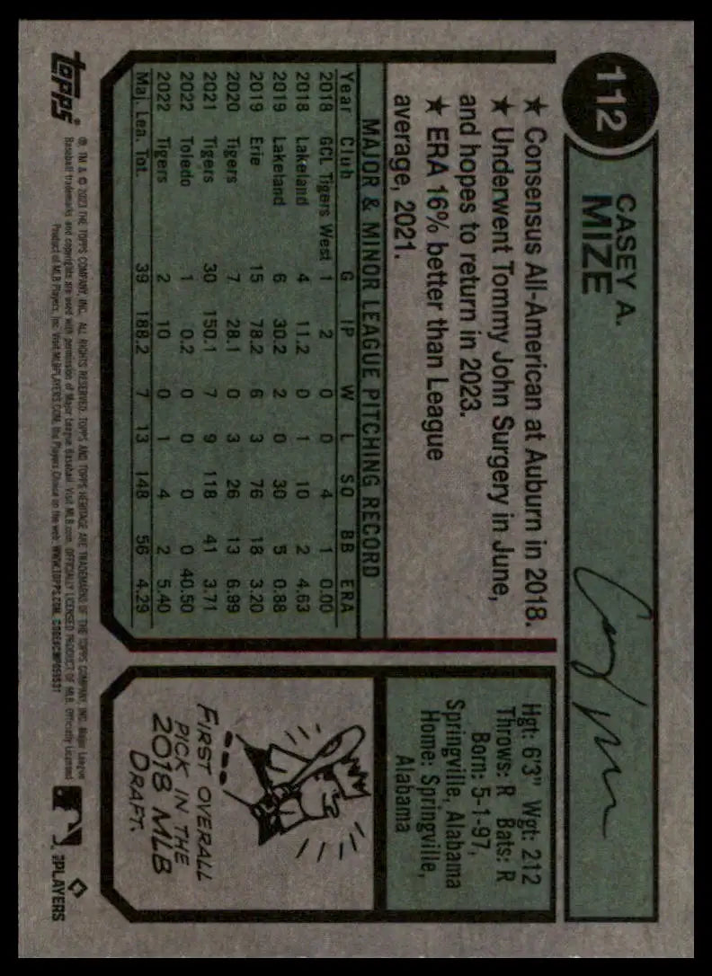 Back of Casey Mize baseball card from Topps Heritage 2023 Detroit Tigers collection