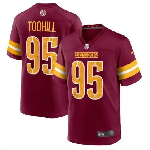 Two burgundy and gold Washington Commanders Nike Game Jerseys with number 95