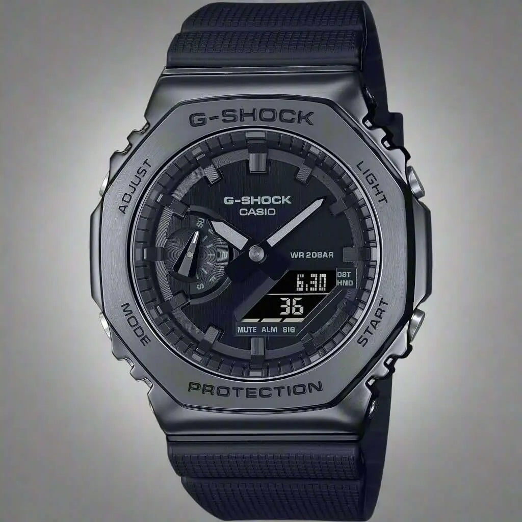 Casio G-Shock men’s black dial watch with anthracite grey bezel, analog digital display, world time