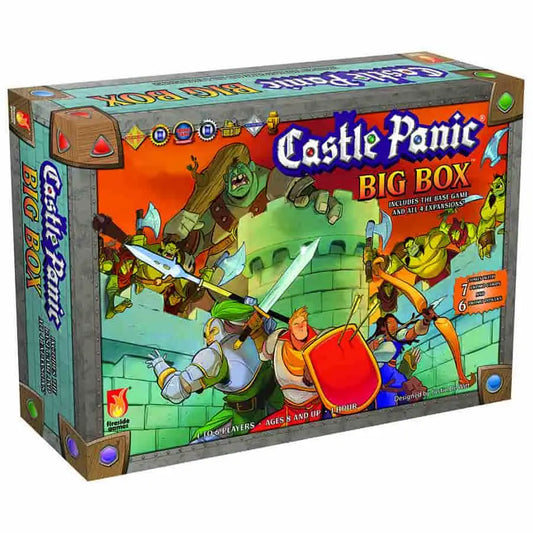 Castle Panic Big Box featuring cartoon characters battling around a castle