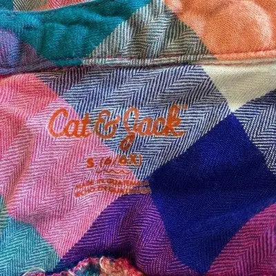 Colorful plaid flannel shirt with Cat & Jack label, short sleeve dress button size 6/6X