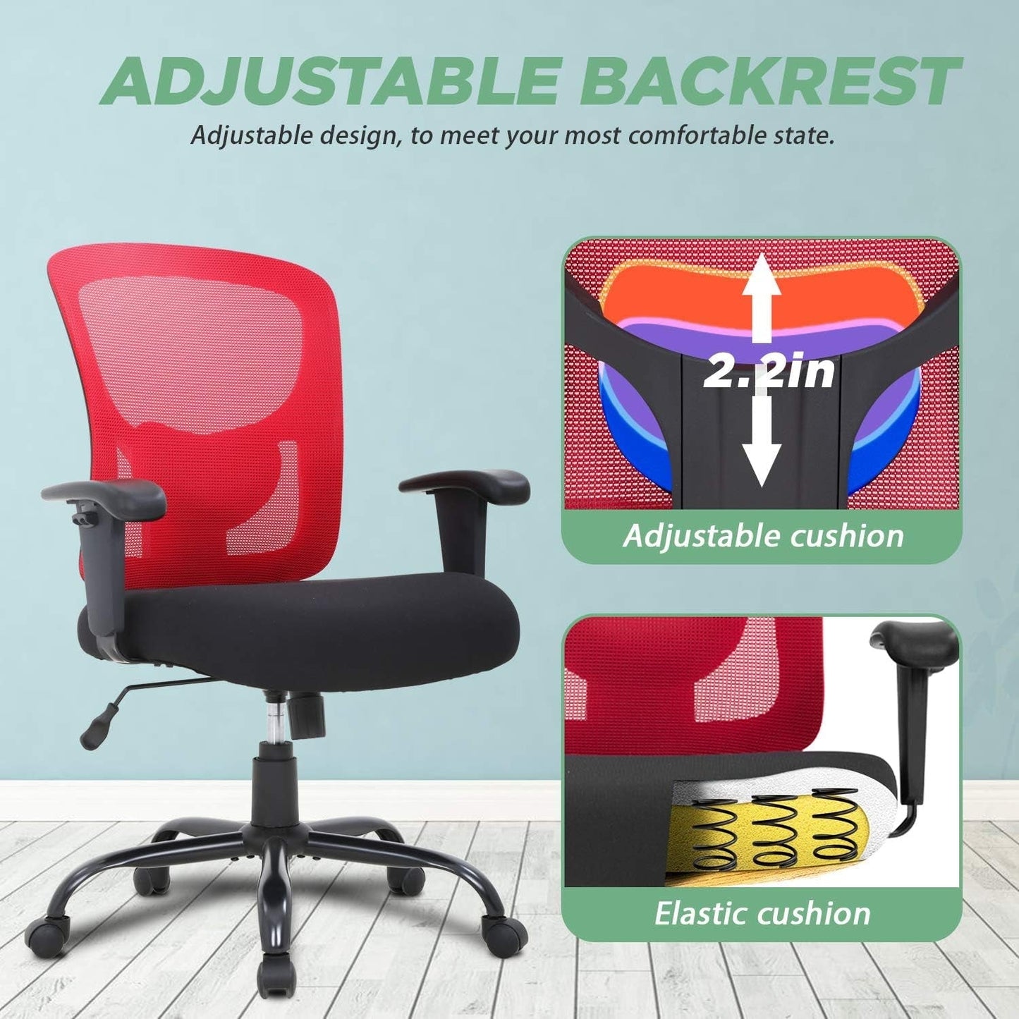 Big and Tall Office Chair 400Lbs Desk Chair Mesh Computer Chair with Lumbar Support Wide Seat Adjust Arms Rolling Swivel High Back Task Executive Ergonomic Chair,Red-4