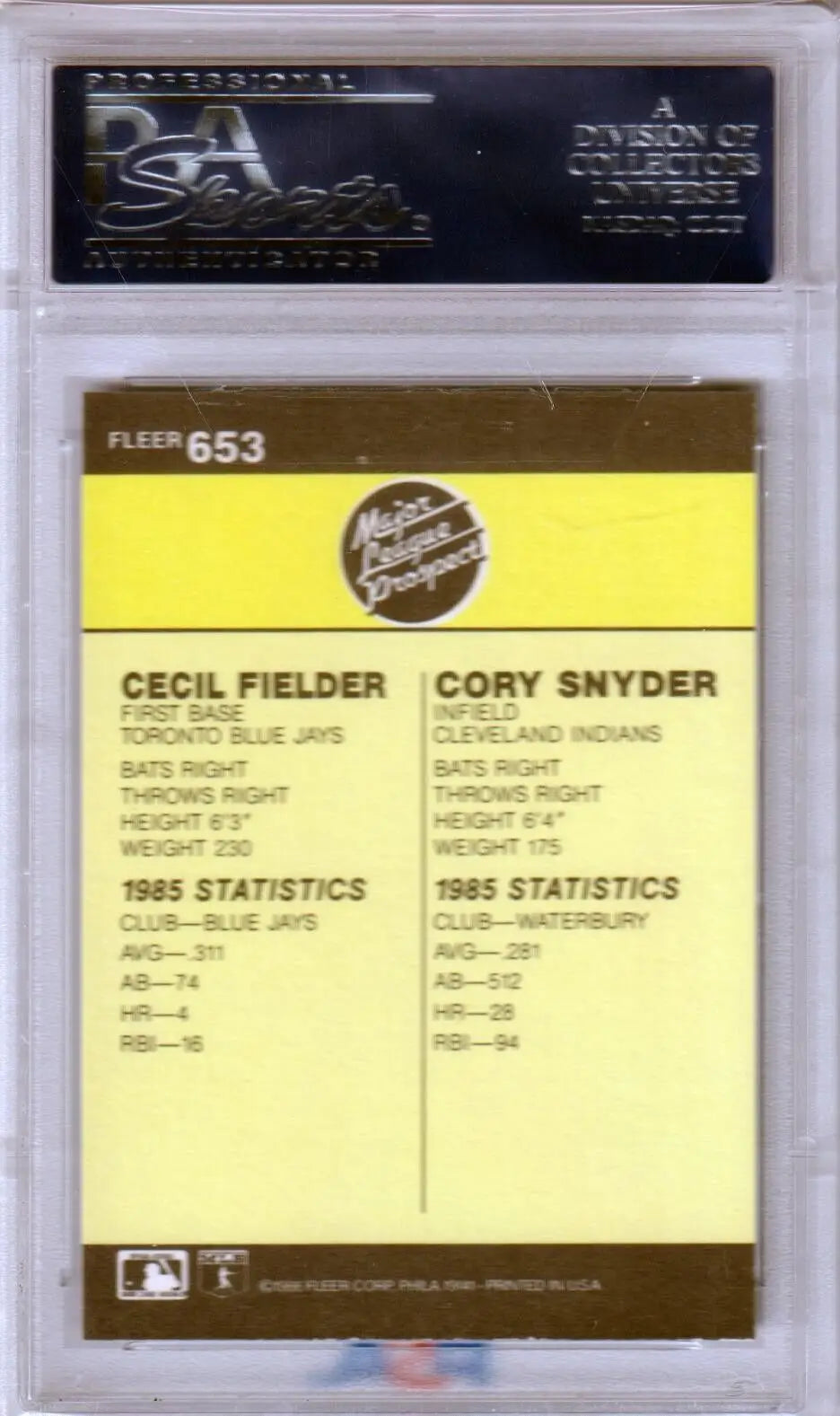 Graded Cecil Fielder 1986 Fleer RC baseball card by Columbia Hobby PSA 9 MINT