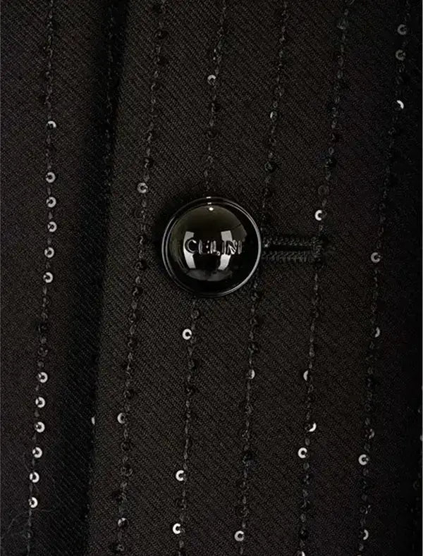 Black pinstripe fabric with sequins and glossy button on CELINE Black Button Up Chelsea Jacket