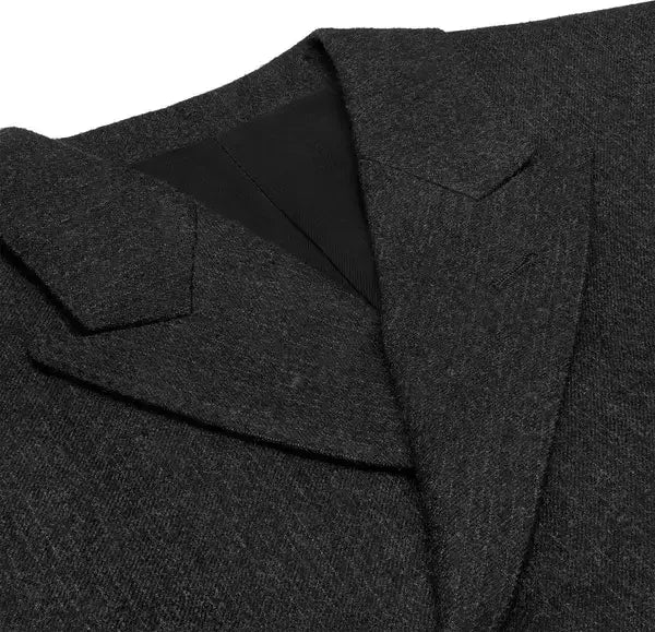 Close-up of dark grey wool blazer jacket with notched lapels from CELINE Men’s collection