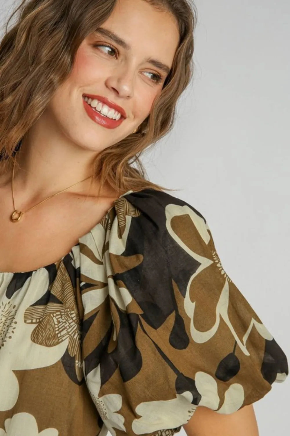 Umgee Full Size Print Round Neck Puff Sleeve Top Plus Size