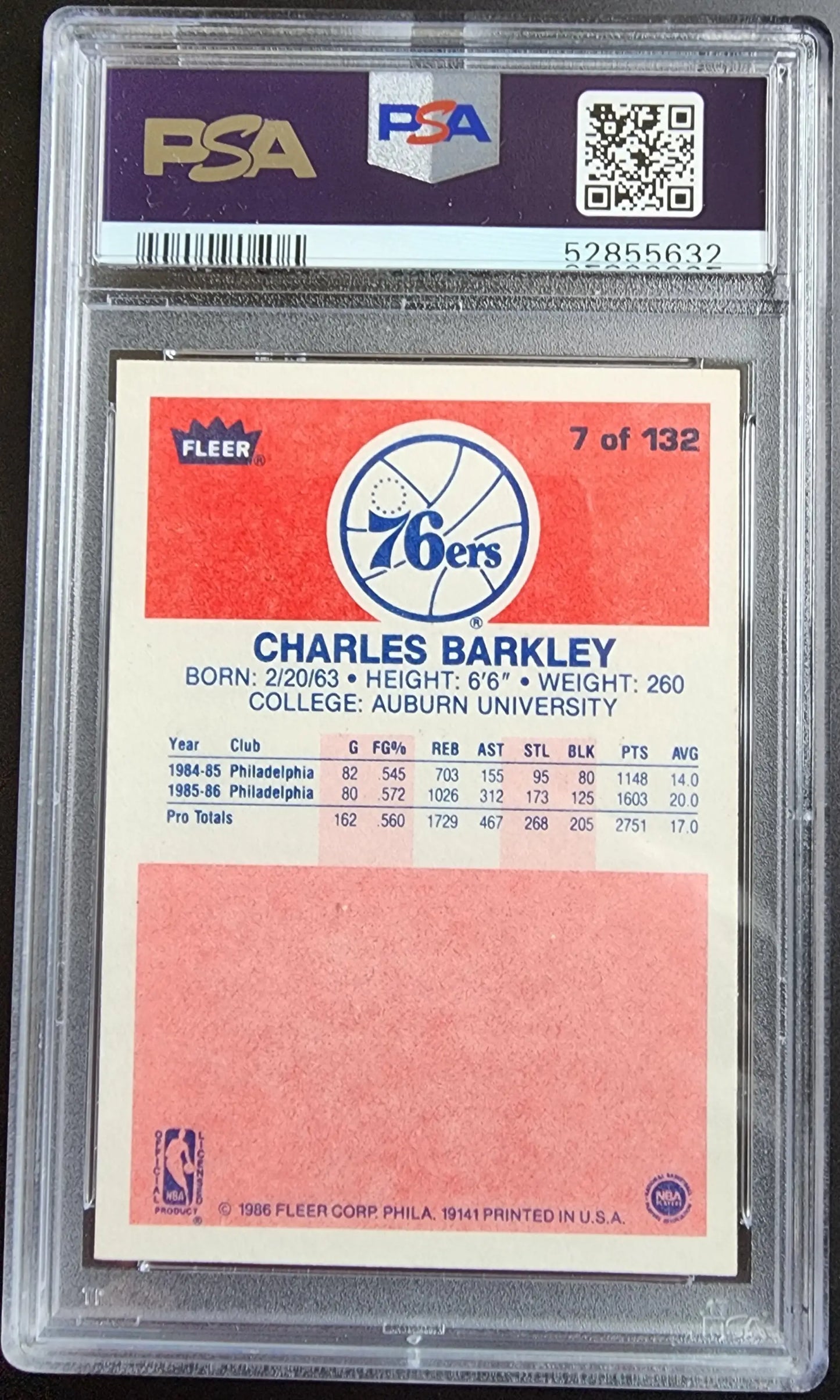 PSA-graded 1986 Fleer Charles Barkley rookie card with Philadelphia 76ers logo