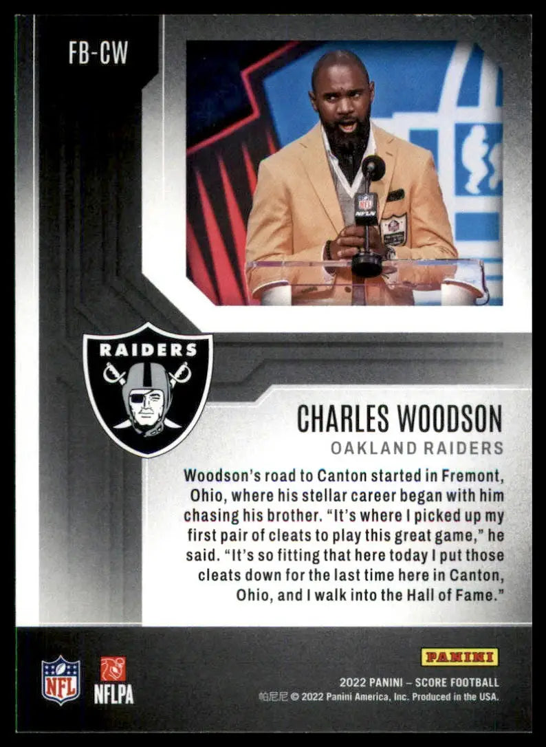 Charles Woodson football card from 2022 Score First Ballot series featuring Oakland Raiders
