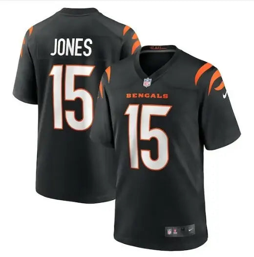Black Cincinnati Bengals Charlie Jones NFL jersey with Jones 15 on back and Bengals 15 front