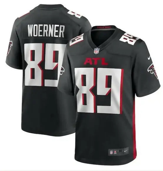 Black Atlanta Falcons Charlie Woerner Nike Game Jersey with white numbers and red accents