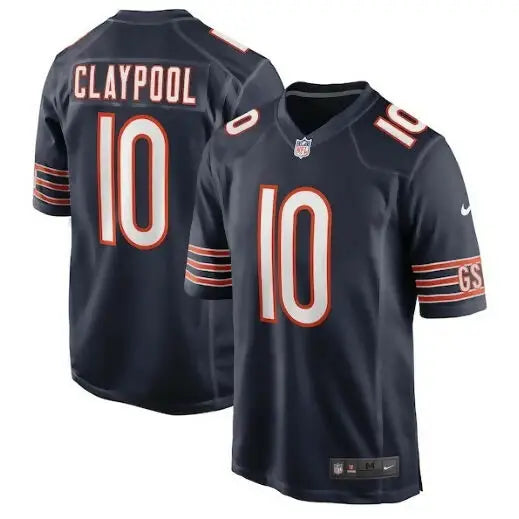 Dark blue Chase Claypool Chicago Bears Nike game jersey with white and orange accents