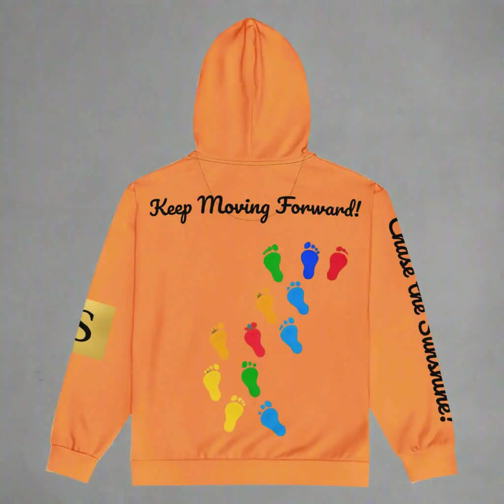 Orange hooded sweatshirt with colorful footprints, SUNSHINE UNISEX ZIP-UP hoodie for all