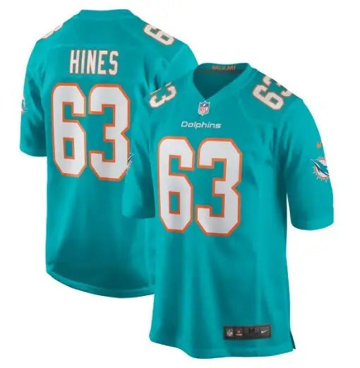 Chasen Hines Miami Dolphins teal Nike game jersey with #63 Hines Miami Dolphins logo