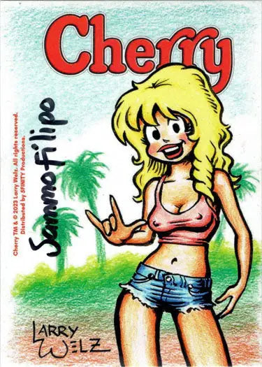 Cartoon of blonde woman in pink top and denim shorts on Sammo Filipo sketch card