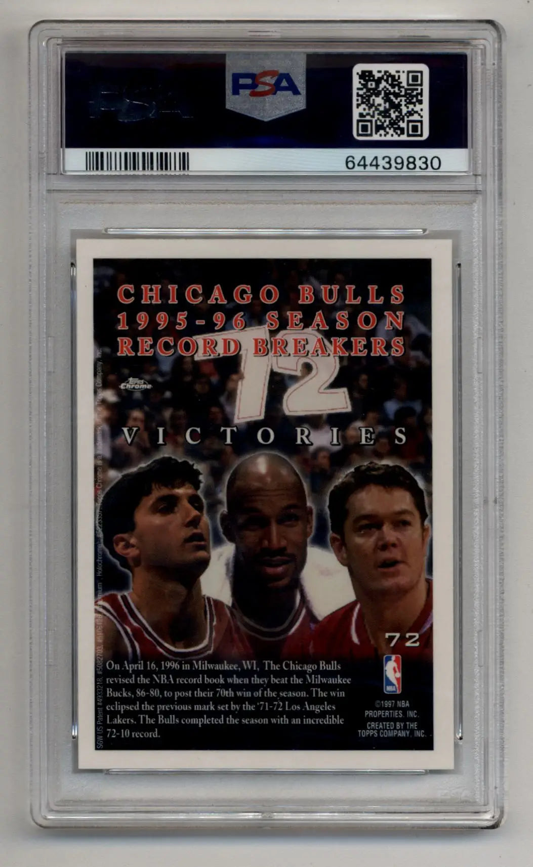Graded Chicago Bulls 1995-96 Topps Chrome Wins Refractor card in PSA 9 Mint condition