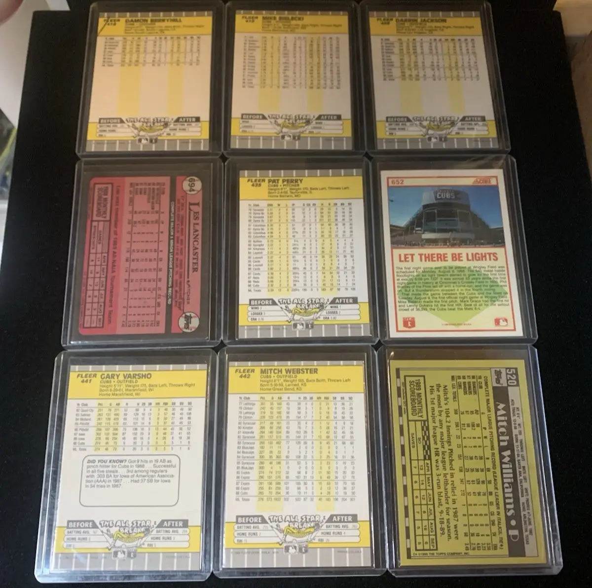 Chicago Cubs baseball cards in protective cases from the 1989 Fleer Score Topps signed lot