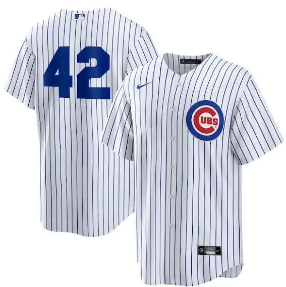 White Chicago Cubs Nike Home 2025 Jackie Robinson Day Replica Jersey displayed