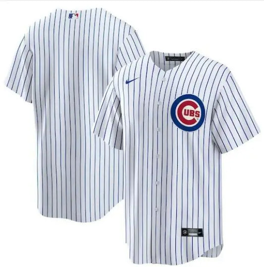 Chicago Cubs Nike home white pinstripe replica baseball jersey displayed