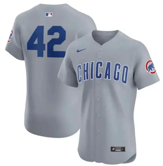 Gray Chicago Cubs Nike Road 2024 Jackie Robinson Day Elite Jersey displayed in product photo