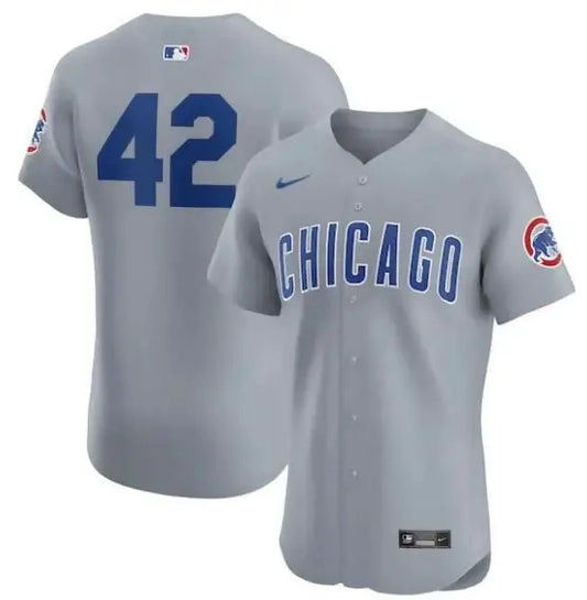 Gray Chicago Cubs Nike Road 2024 Jackie Robinson Day Elite Jersey displayed in product photo