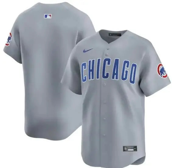 Gray Chicago Cubs Nike Road Limited Jersey displayed in a product image