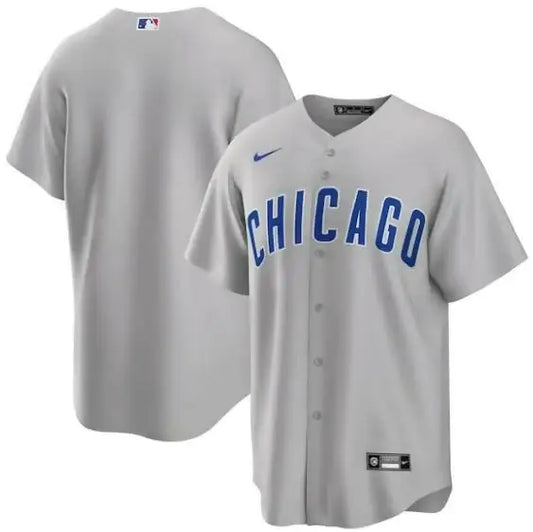 Gray Chicago baseball jersey displayed in the Chicago Cubs Nike Road Replica Team Jersey product