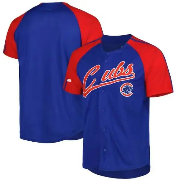 Blue and red Chicago Cubs raglan fashion jersey displayed as Chicago Cubs Stitches button-down jersey
