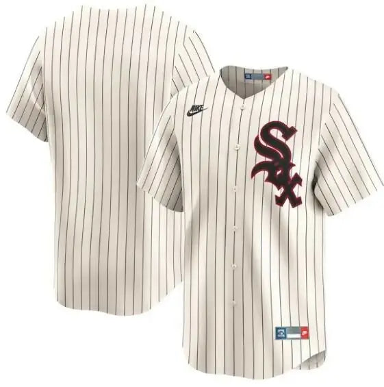 White pinstripe Chicago White Sox Nike Cooperstown Collection limited jersey on display