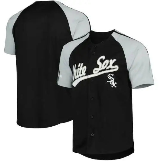 Black and gray White Sox baseball jersey with Stitches button-down raglan style