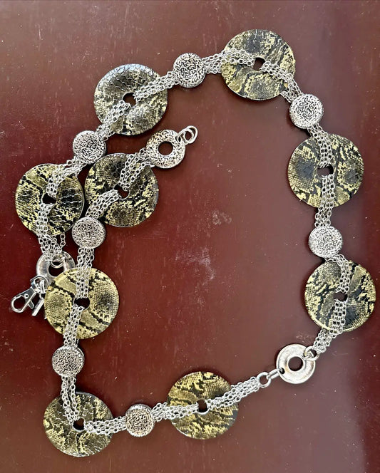 Silver chain belt with dark green faux snakeskin pattern and silvertone chain accent