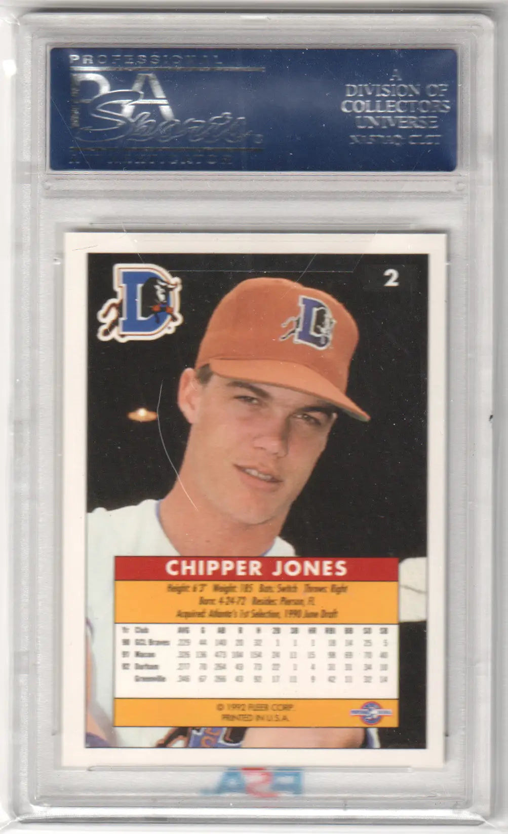 Chipper Jones 1992 Fleer Excel RC rookie card in PSA 10 GEM MINT from Columbia Hobby