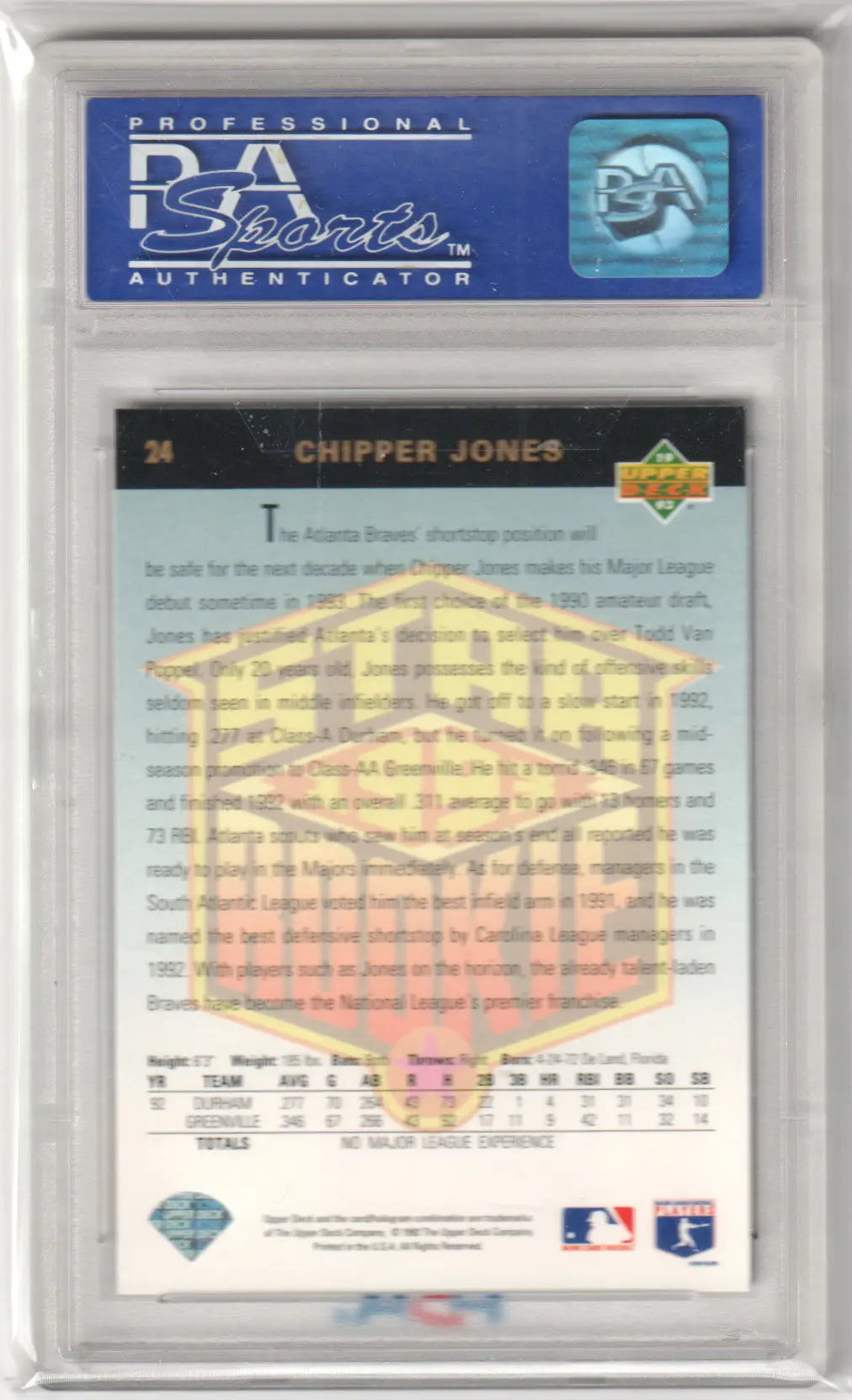 Graded Chipper Jones baseball card from Upper Deck, collectible at Columbia Hobby