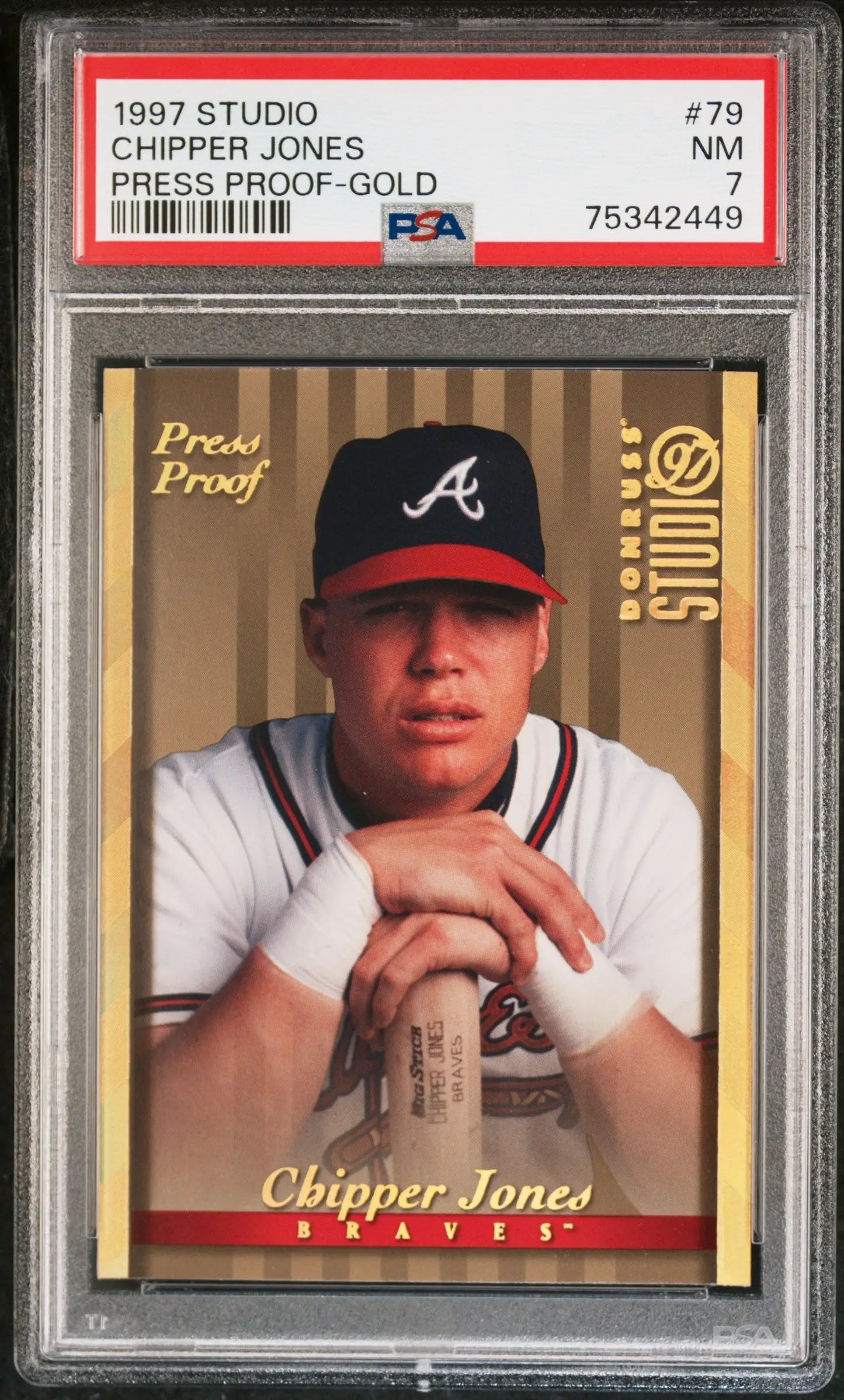 Graded Chipper Jones baseball card from Donruss Studio Press Proof Gold series at Columbia Hobby