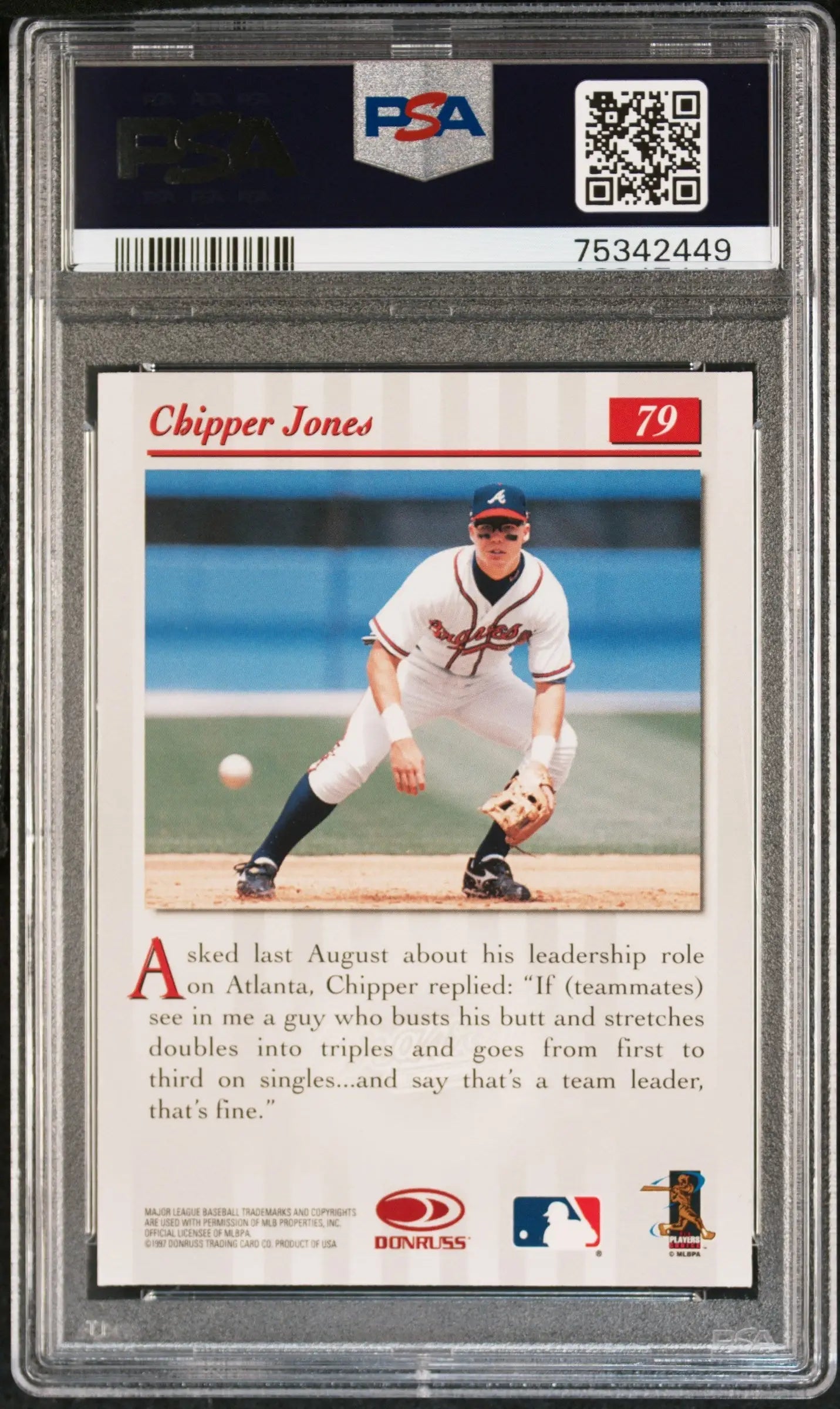Graded Chipper Jones 1997 Donruss Studio Press Proof Gold baseball card from Columbia Hobby