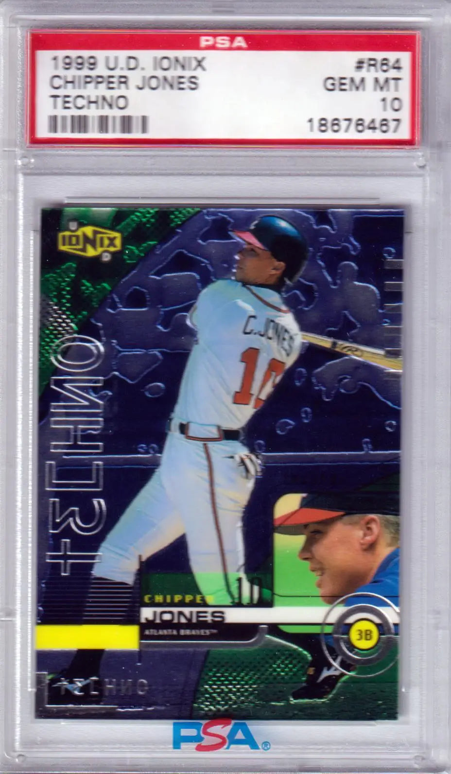 Graded Chipper Jones baseball card from Upper Deck Ionix Techno series in PSA 10 GEM MINT
