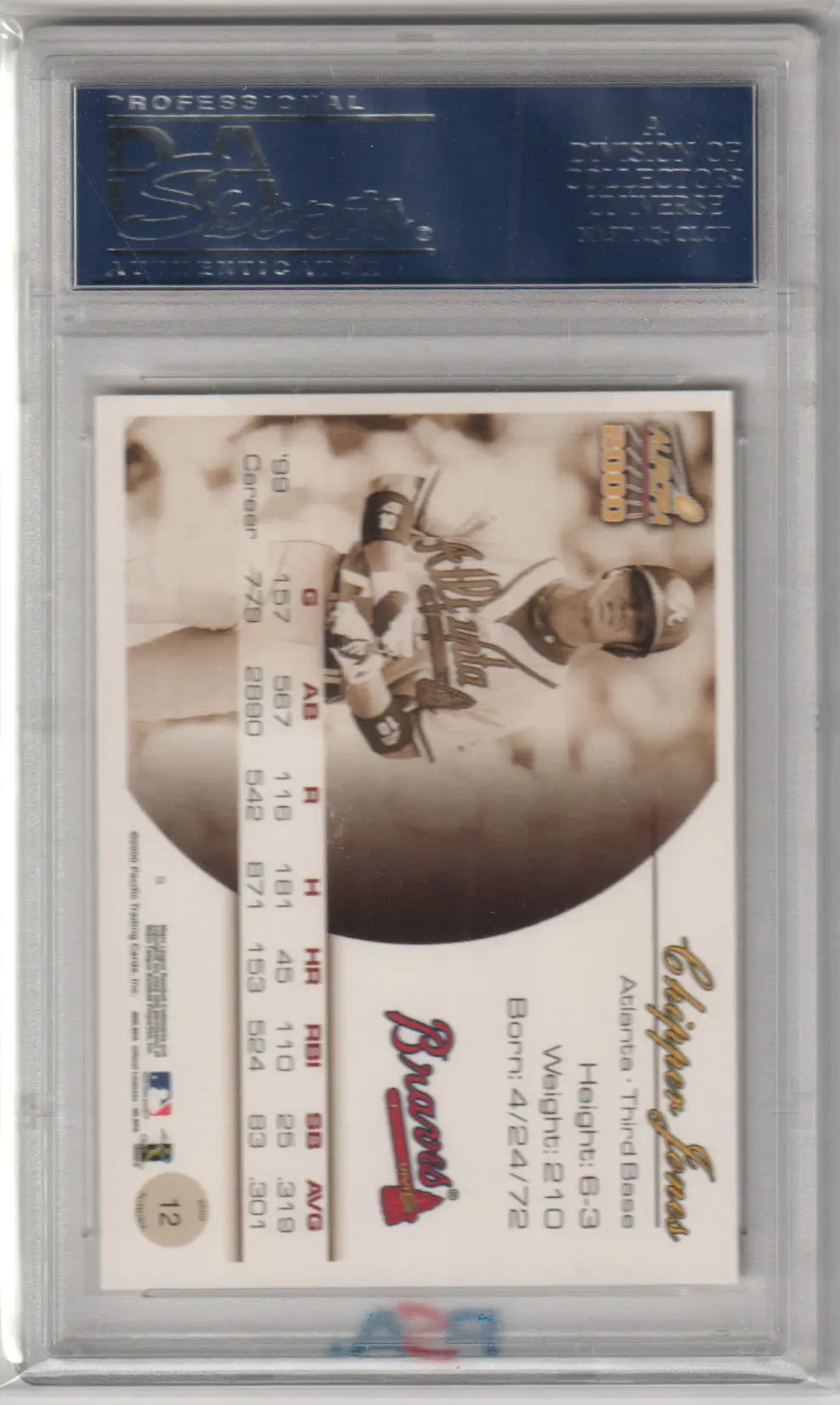 Chipper Jones 2000 Pacific Aurora baseball card in PSA 10 GEM MINT from Columbia Hobby