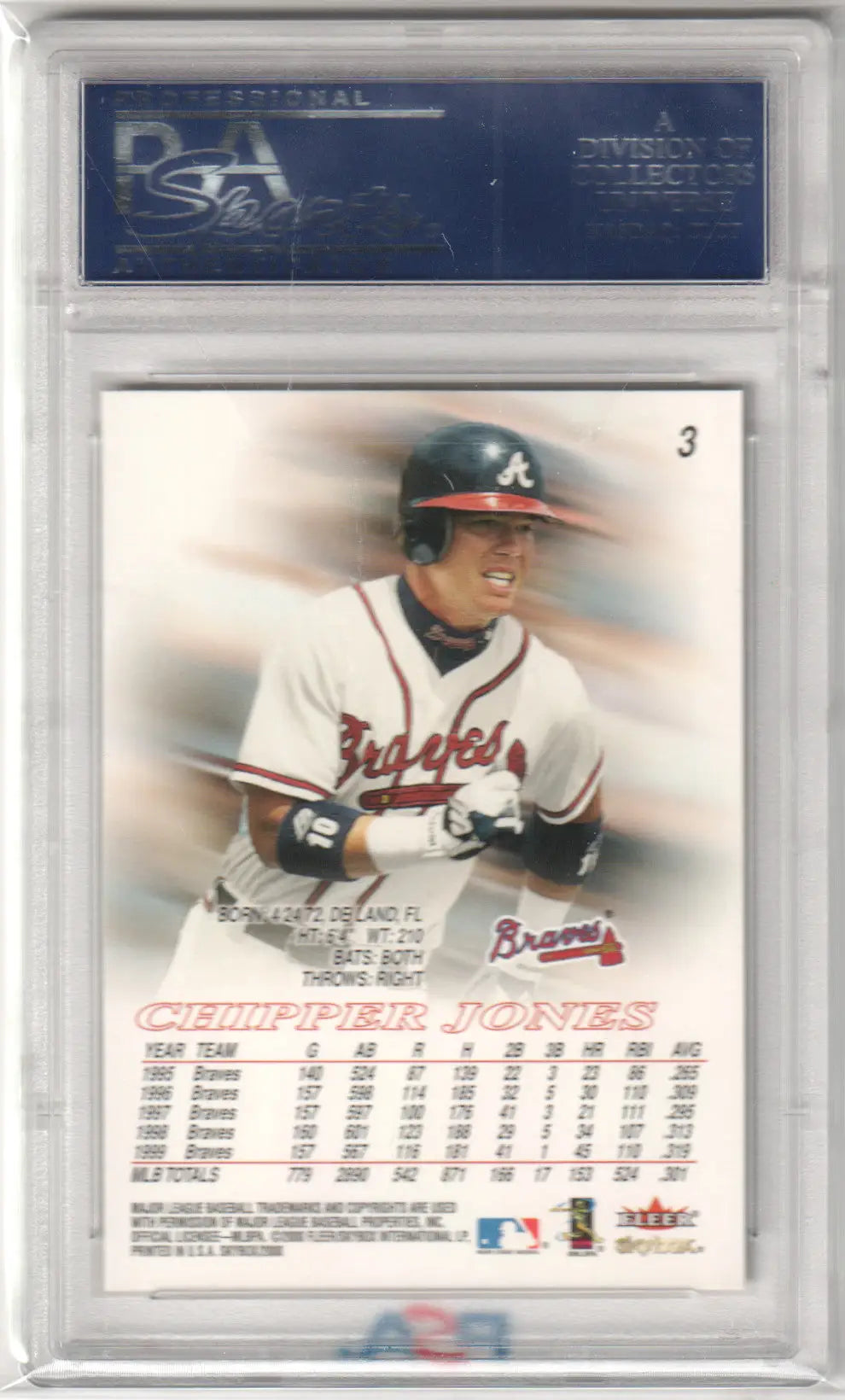 Graded Chipper Jones baseball card from Columbia Hobby, PSA 10 GEM MINT Skybox 2000