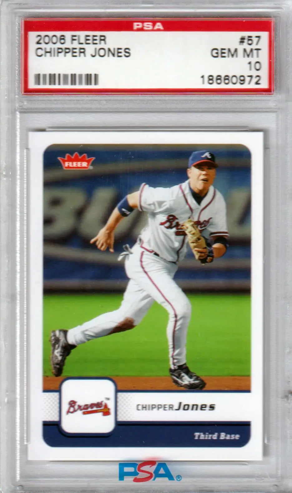 Graded Chipper Jones baseball card from Columbia Hobby, PSA 10 Gem Mint Fleer 2006